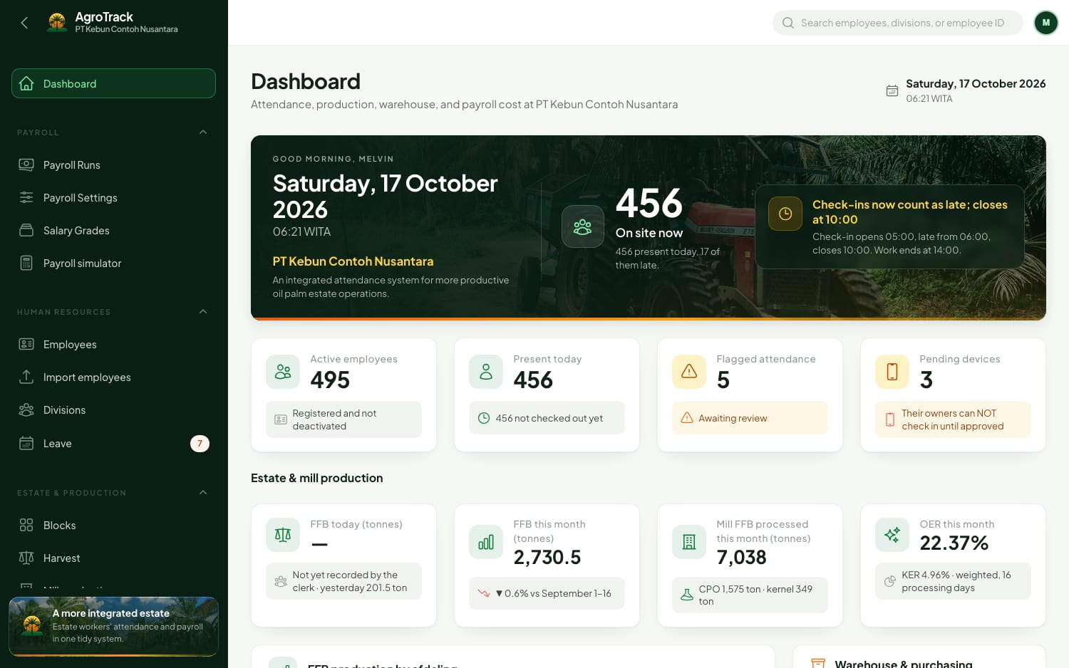 AgroTrack web panel dashboard: attendance, estate and mill production, warehouse and payroll cost