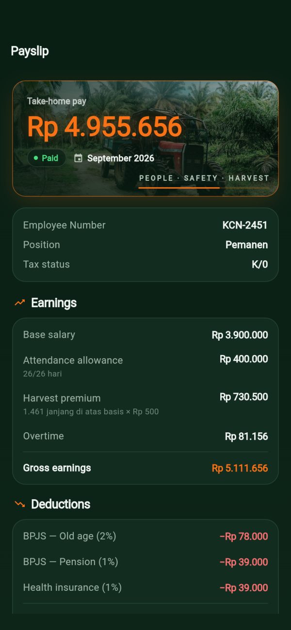 AgroTrack payslip showing the harvest premium line and deductions