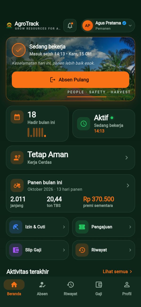 Beranda aplikasi pemanen AgroTrack dengan janjang bulan ini, ton TBS, dan premi sementara