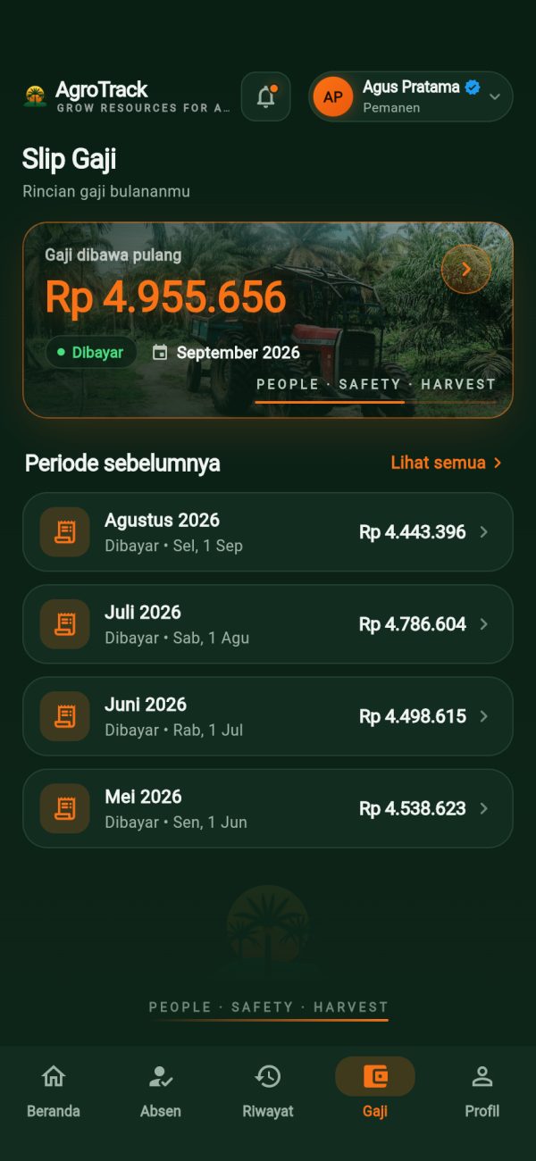 Layar gaji AgroTrack dengan gaji bersih dan periode sebelumnya