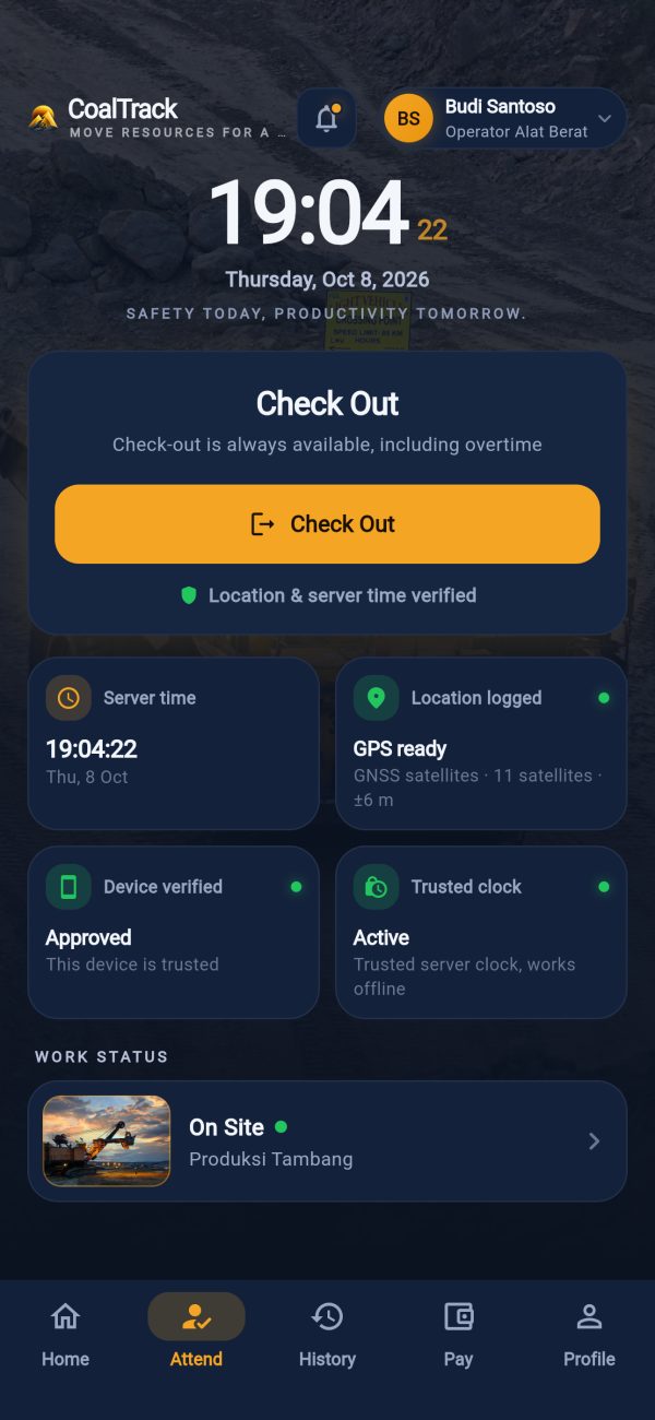 CoalTrack check-out screen with server time, verified location and approved device