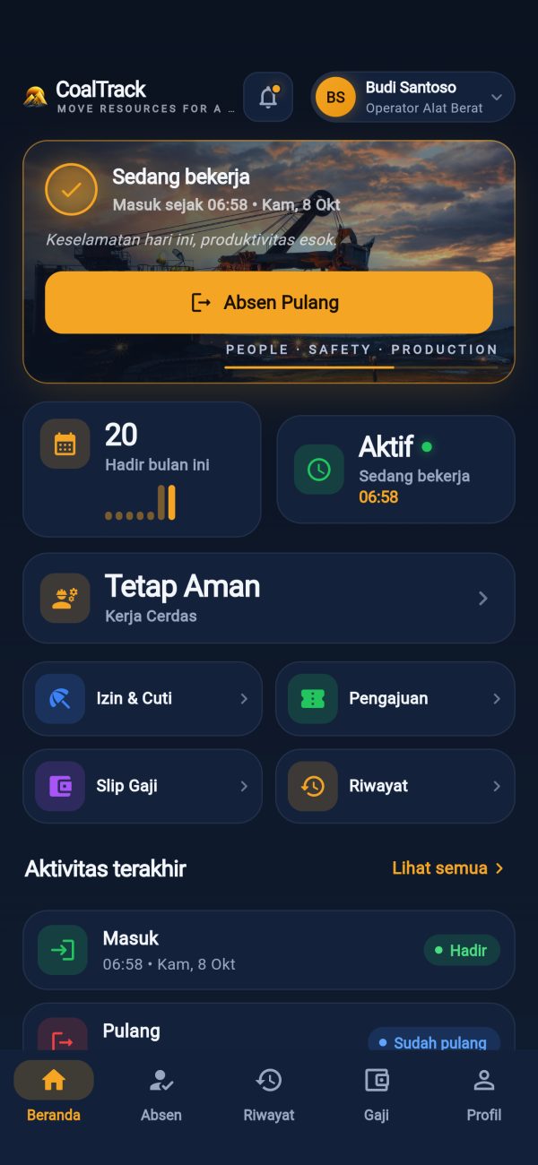 Beranda aplikasi karyawan CoalTrack: sedang bekerja, jumlah hadir bulan ini, dan pintasan