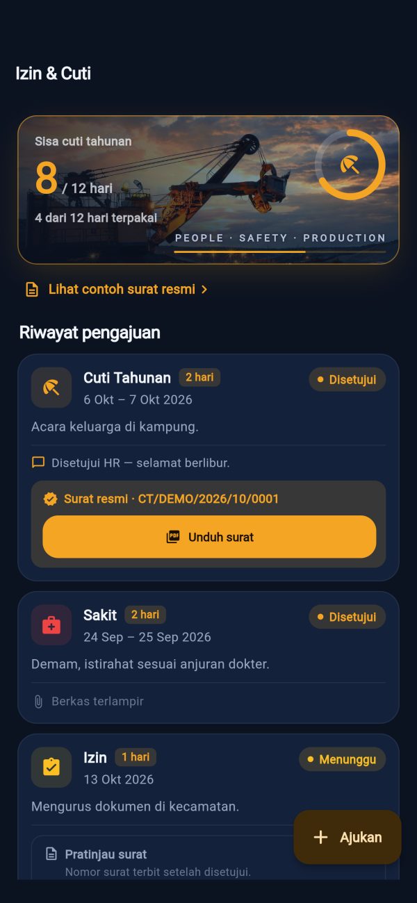 Layar izin dan cuti CoalTrack dengan sisa cuti dan nomor surat resmi